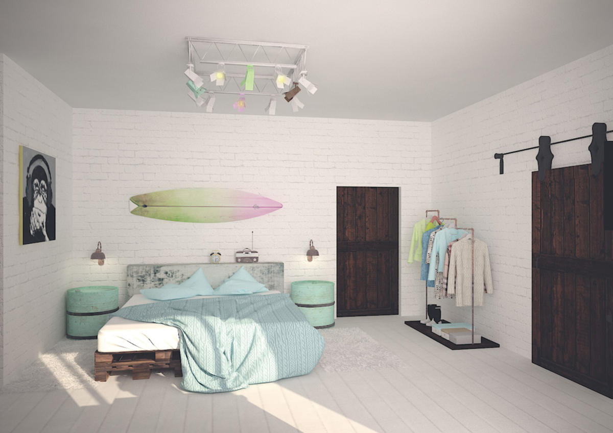 Квартира в стиле лофт с белыми кирпичными стенами, мебелью из палет и амбарными дверьми