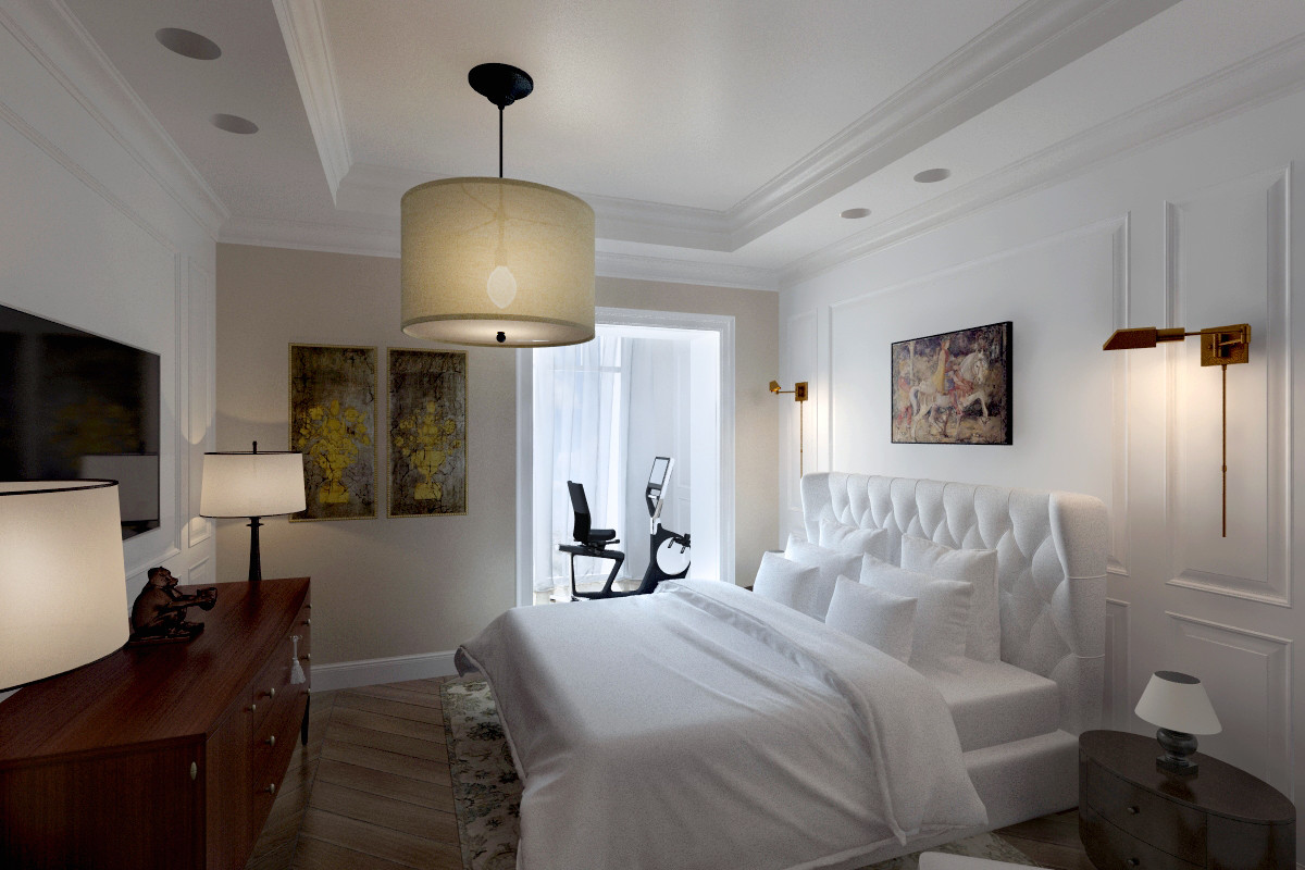 В спальне хозяев продолжается «белая» цветовая гамма, так часто используемая в американской классике.