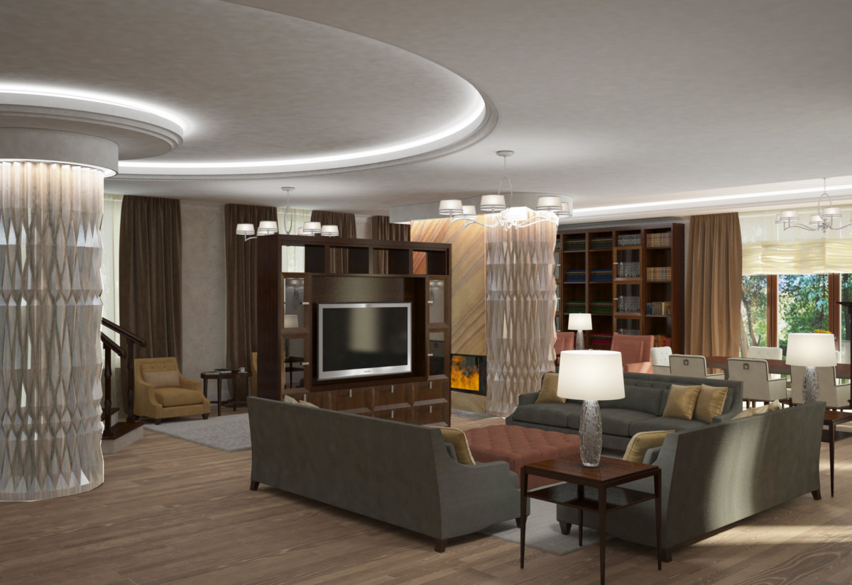 Зоны большой гостиной визуально разделяют световые потолки и колонны с декоративным рельефным оформлением.