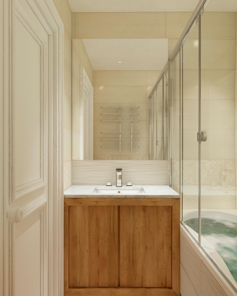 В дизайне ванной комнаты можно проследить изящное сочетание нескольких видов плитки.
