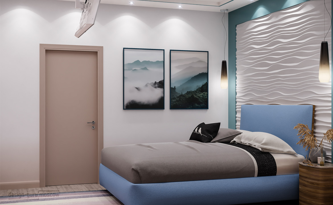 Основной элемент дизайна спальни - волнообразная гипсовая панель за изголовьем кровати. Само изголовье намеренно сделано простым и низким, чтобы не отвлекать от нее внимания. Оно слегка отличается по цвету от обрамления цвета морской волны на той же стене.