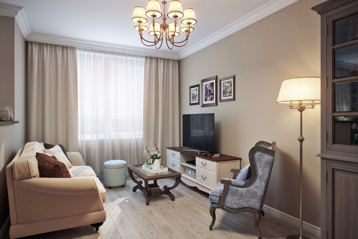 Уюта элегантной гостиной с зоной ТВ придаёт мебель, стилизованная под прованс, мягкие ткани в обивке дивана и кресла и разноуровневое освещение.
