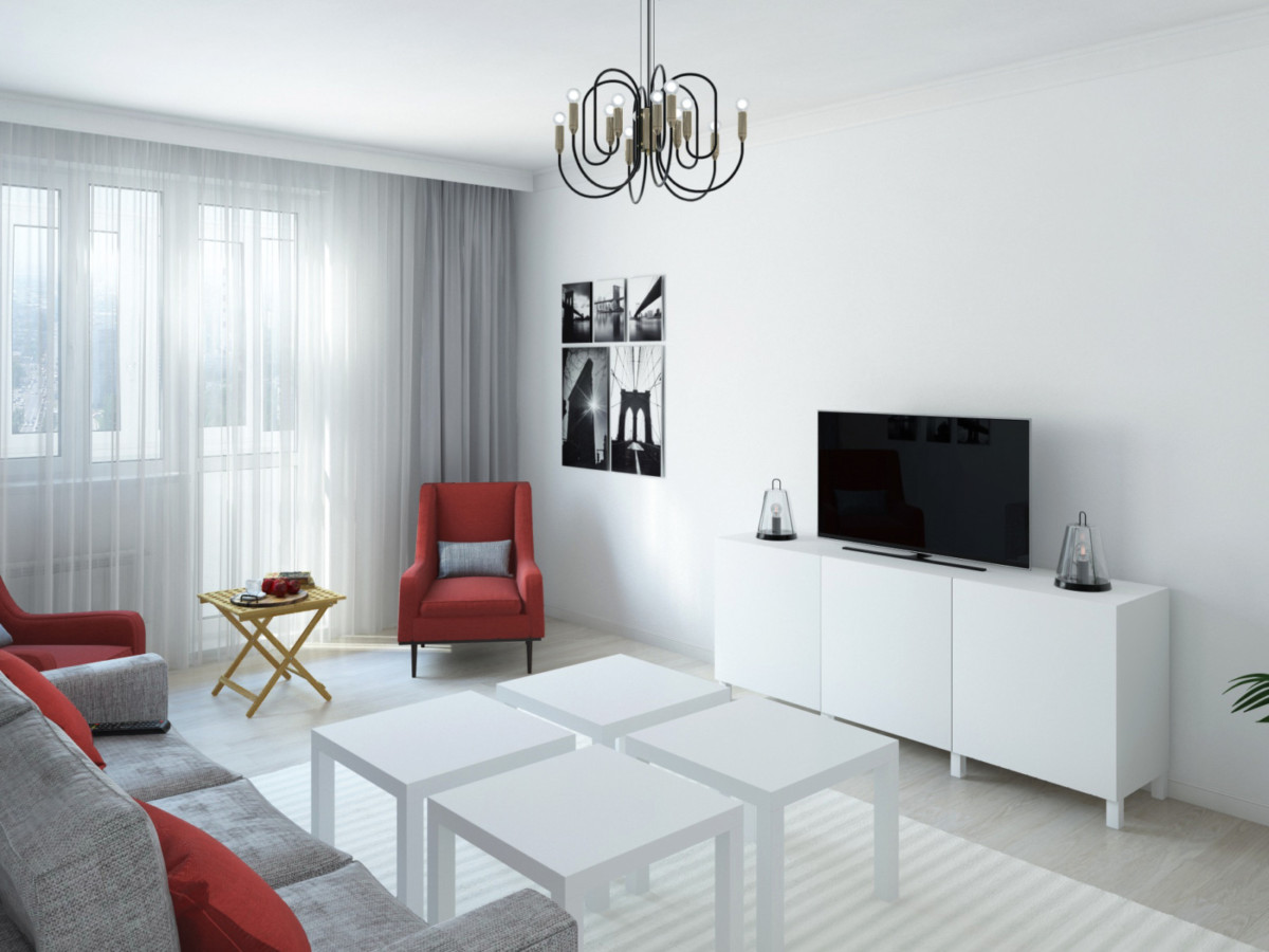 Гостиная — серый, белый и красный, минималистичные формы, контрастные сочетания.