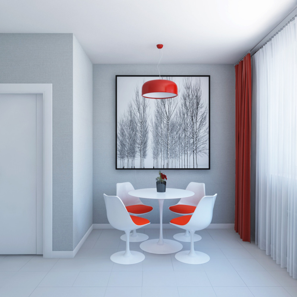 Кухня, акцент — графичный постер (на заказ), цвет штор поддержан цветом подвесного светильника и подушек на стульях.