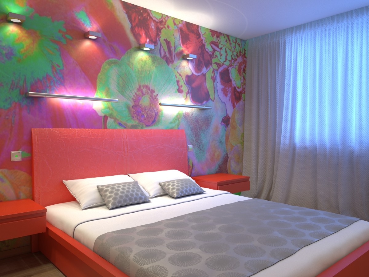 Принт современного художники на стене  у изголовья кровати задал тон для всего интерьера этой комнаты.