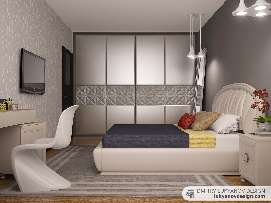Серые оттенки, преобладающие в интерьере спальни, делают её пространство камерным, располагающим к уединению и отдыху.