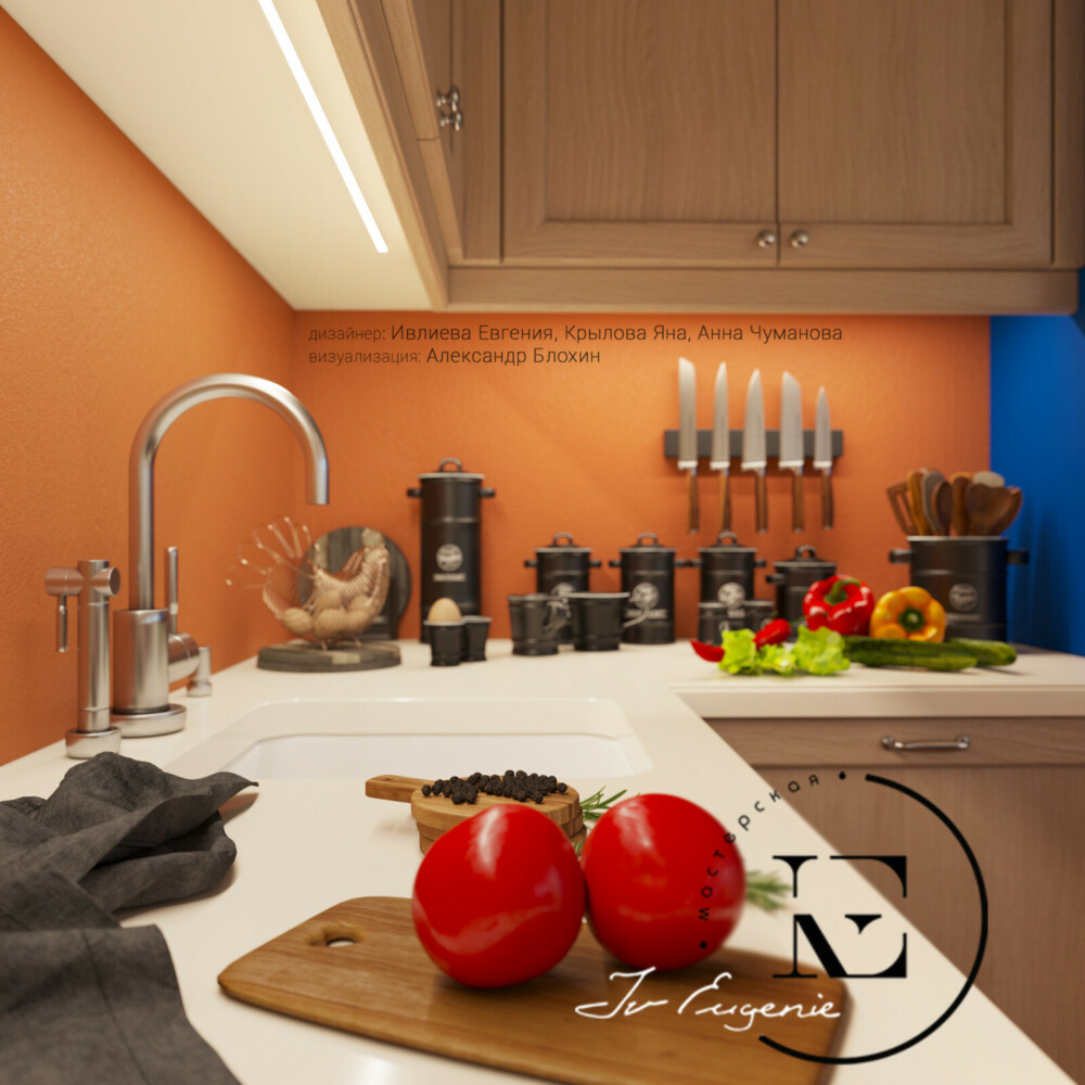 Сам кухонный гарнитур, по своей отделке не привлекает внимание: это филенчатые фасады, шпонированный фартук, выкрашенный в оранжевый цвет и белая столешница по периметру.