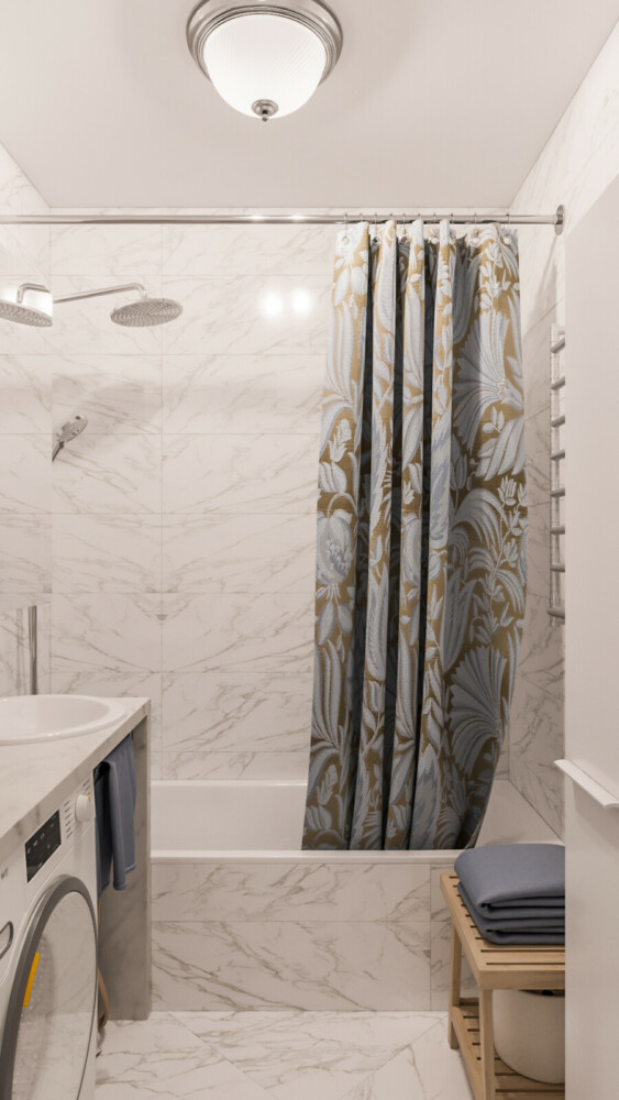 Текстиль с подходящим принтом всегда украсит ванную комнату